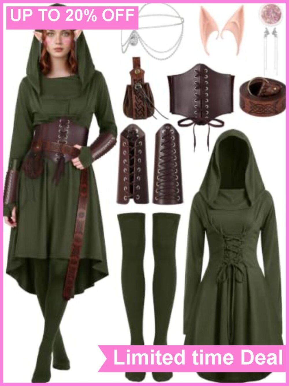 10 Pc Women Renaissance Halloween Fairy Costume Medieval Elf Dress Set PU